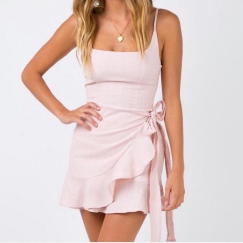 Princess Polly Cottage Hill Wrap Mini Dress Blush Pink Square Neck Linen Blend 4 - Picture 3 of 12